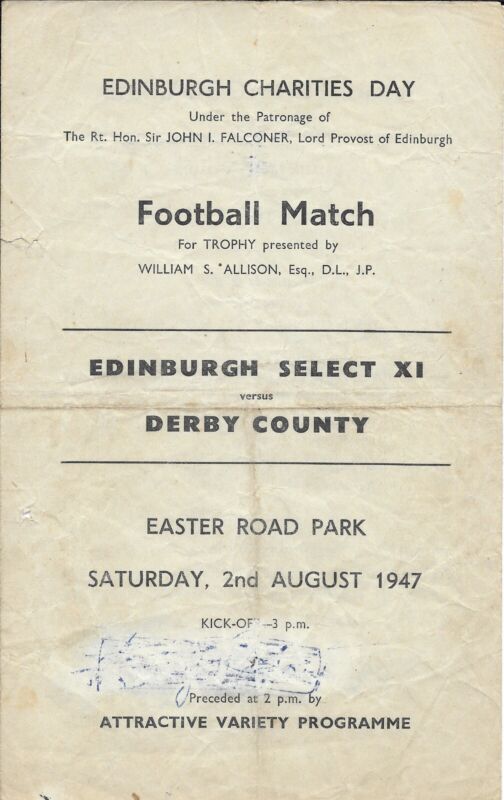 Edinburgh Select v Derby County  @ Hibs August 1947 for sale on Ebay