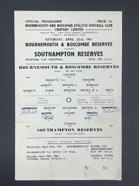 1960/61 BOURNEMOUTH RESERVES V SOUTHAMPTON 22-04-1961 PICKFORD CUP SEMI-FINAL for sale on Ebay