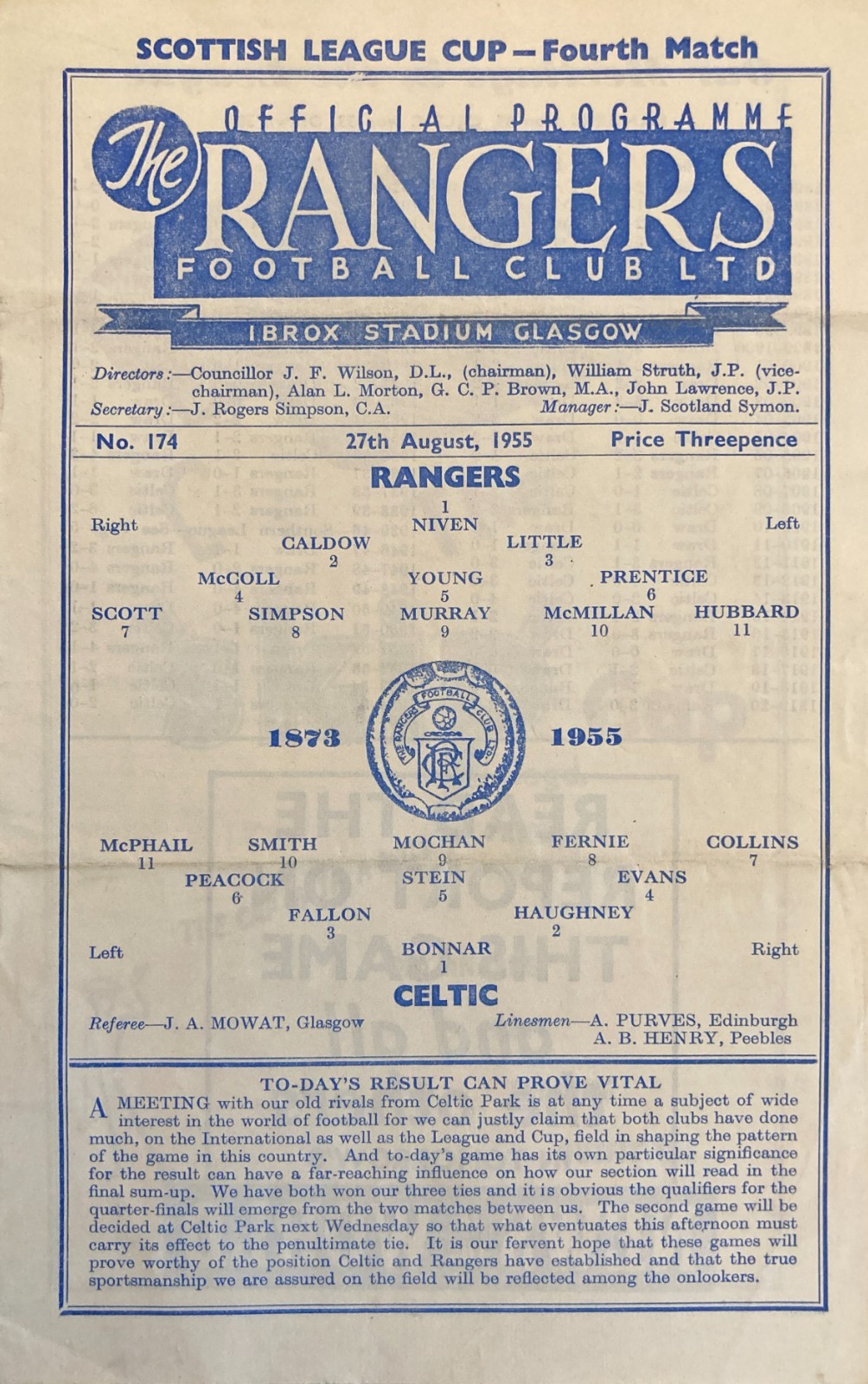 Rangers v Celtic Scottish League Cup 1955/56 for sale on Ebay