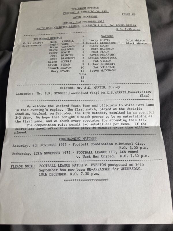 1975/76 Tottenham / Spurs v Watford South East Counties Cup Replay RARE for sale on Ebay