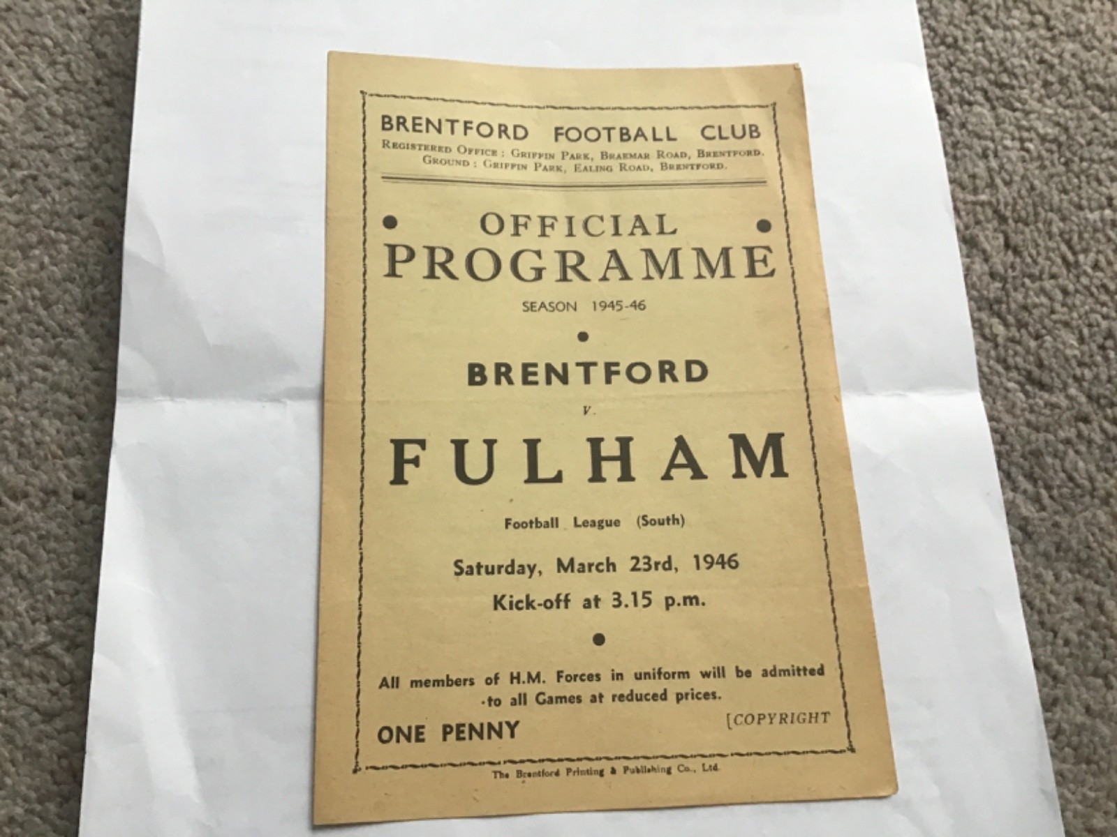 Brentford v Fulham Football Programme 23/3/1946. for sale on Ebay