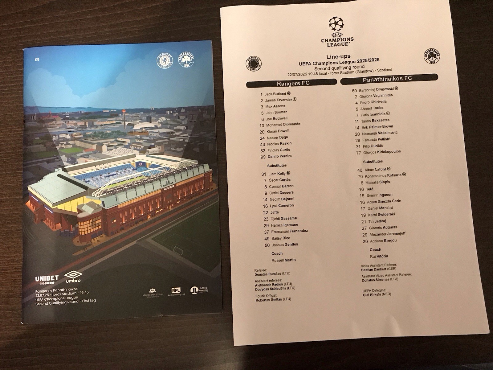 Rangers V Panathinaikos Champions League Programme And Team Sheet 22 July 2025 for sale on Ebay