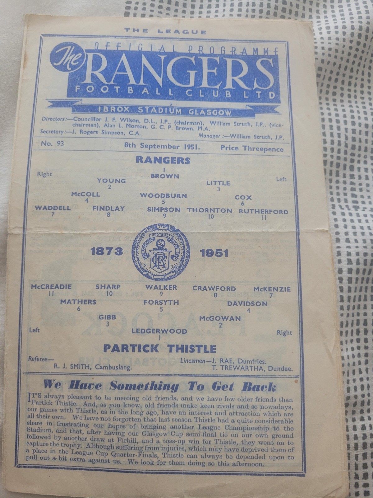 Rangers V Partick Thistle 8.9. 1951 - Scottish League for sale on Ebay