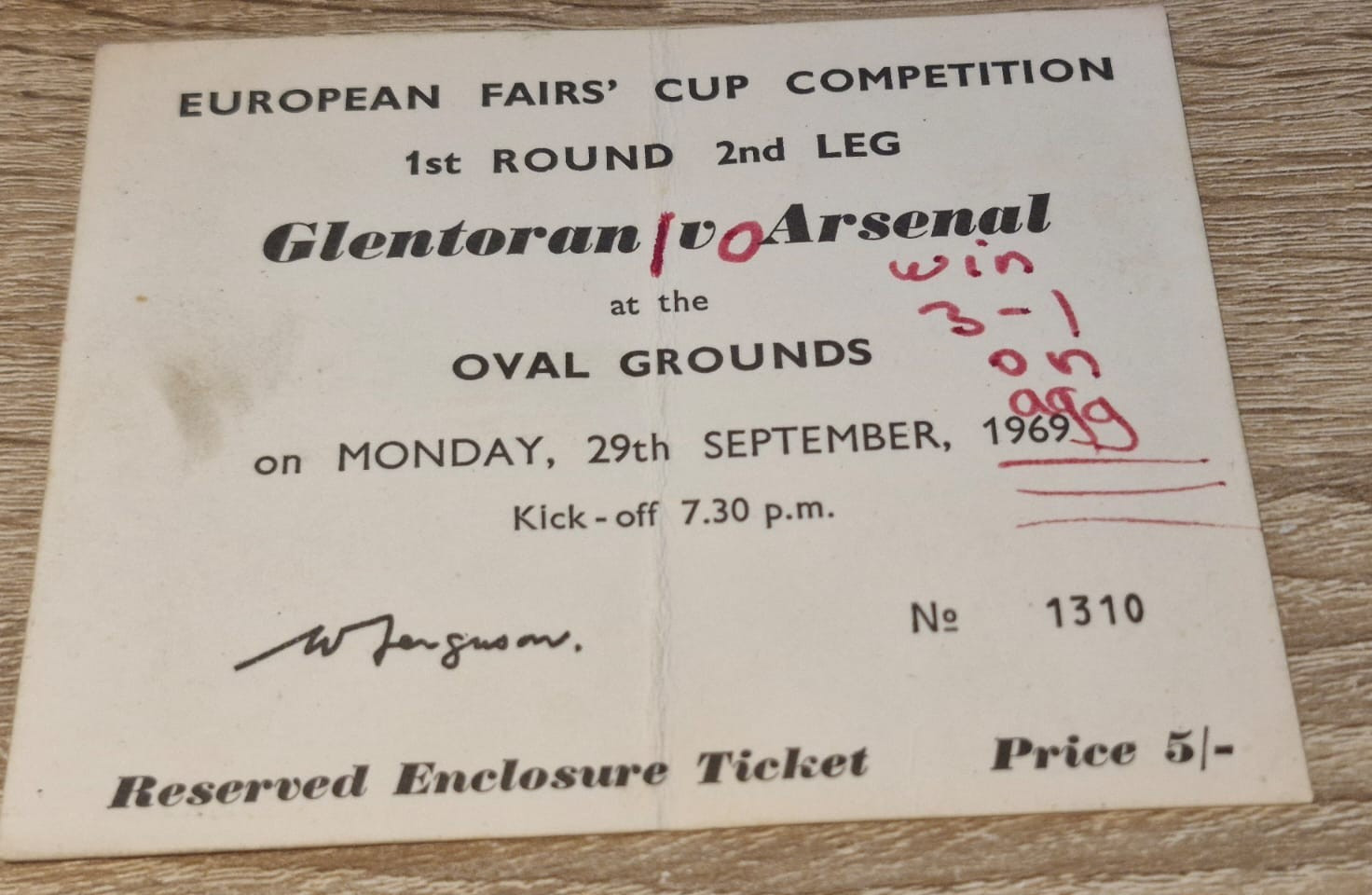 TICKET STUB- INTER CITY FAIRS CUP- GLENTORAN V ARSENAL- SEPTEMBER 1969 for sale on Ebay
