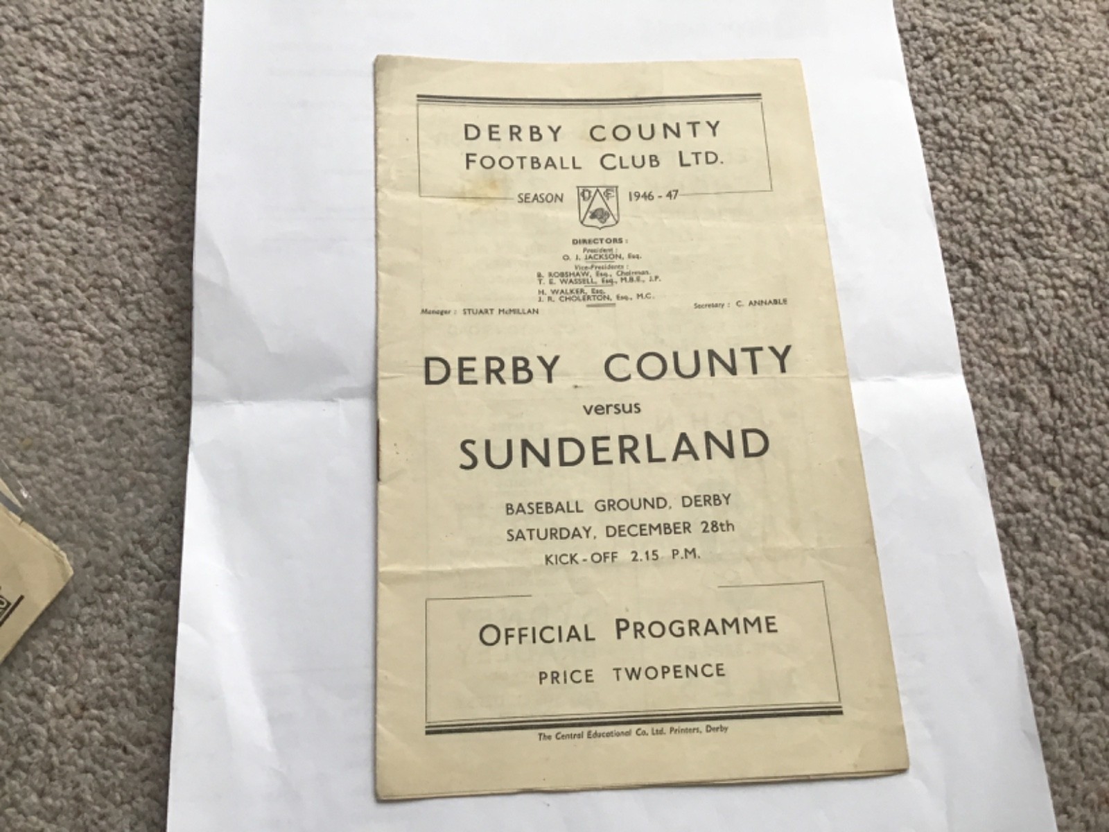 Derby County v Sunderland  Football Programme 28/12/1946. for sale on Ebay