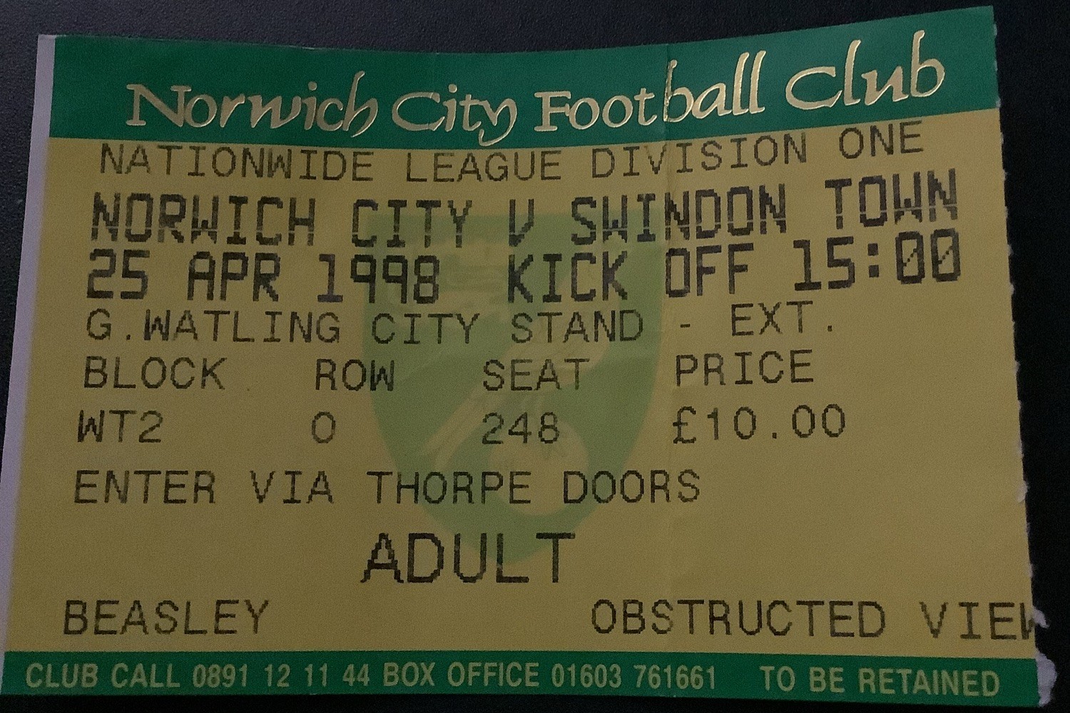 Norwich City v Swindon Town 25/4/98 Division One Match Ticket  for sale on Ebay