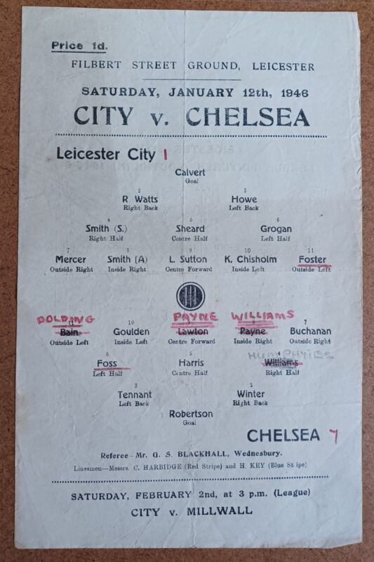 1945/46  LEICESTER CITY v CHELSEA  FOOTBALL LEAGUE SOUTH  12/01/1946 for sale on Ebay