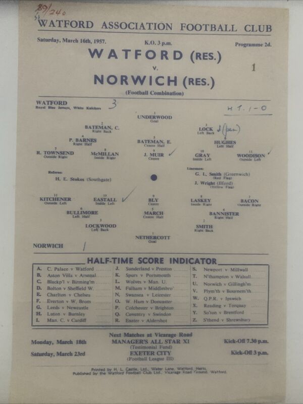 Reserves - Watford V Norwich City - 1956/1957 - Football Combination for sale on Ebay