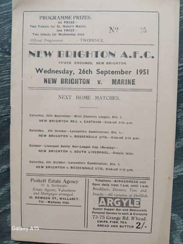 New Brighton v Marine Lancashire Combination 1951/52 for sale on Ebay