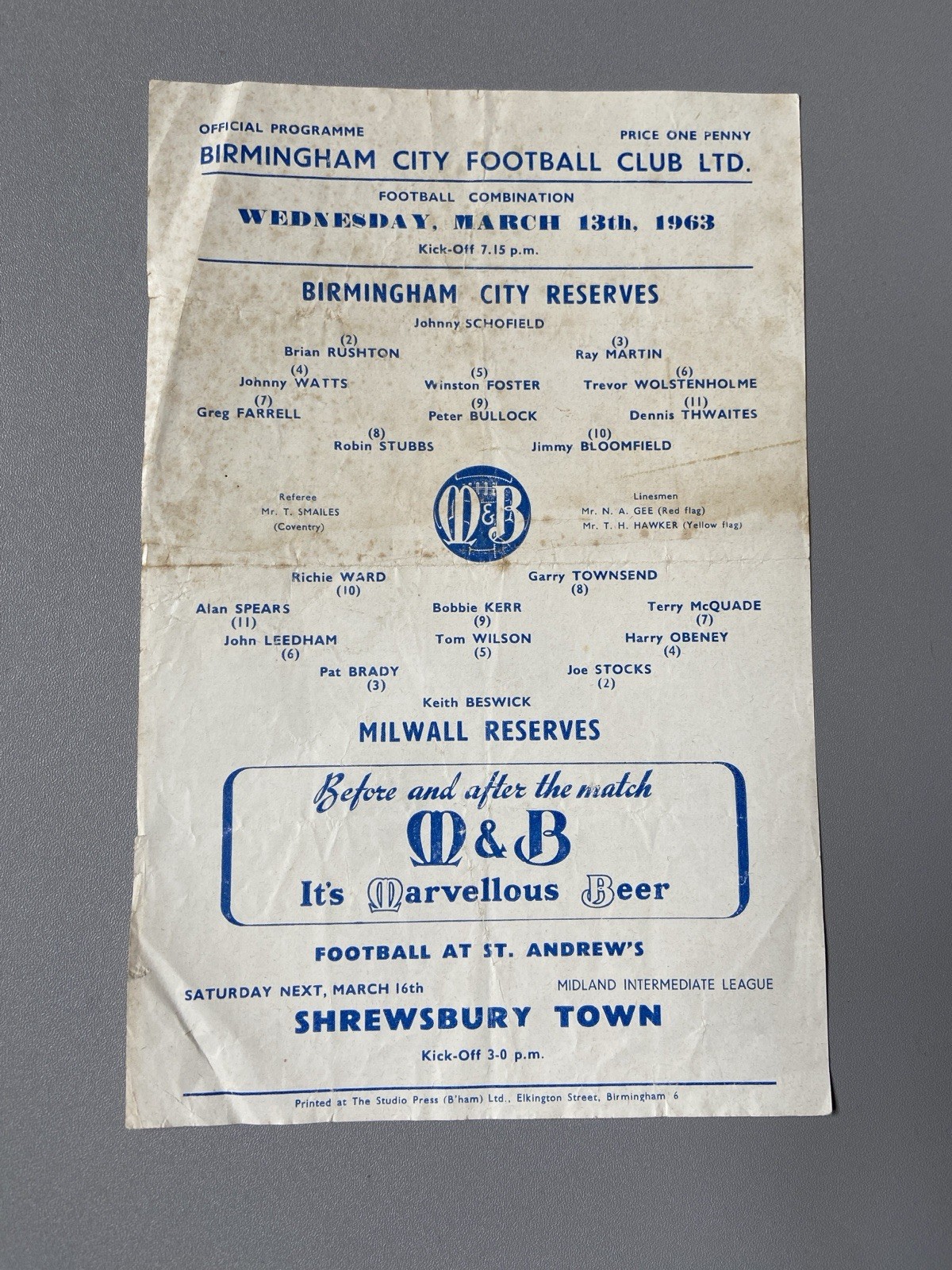 1963 Birmingham City Reserves v Millwall Reserves - Combination League for sale on Ebay