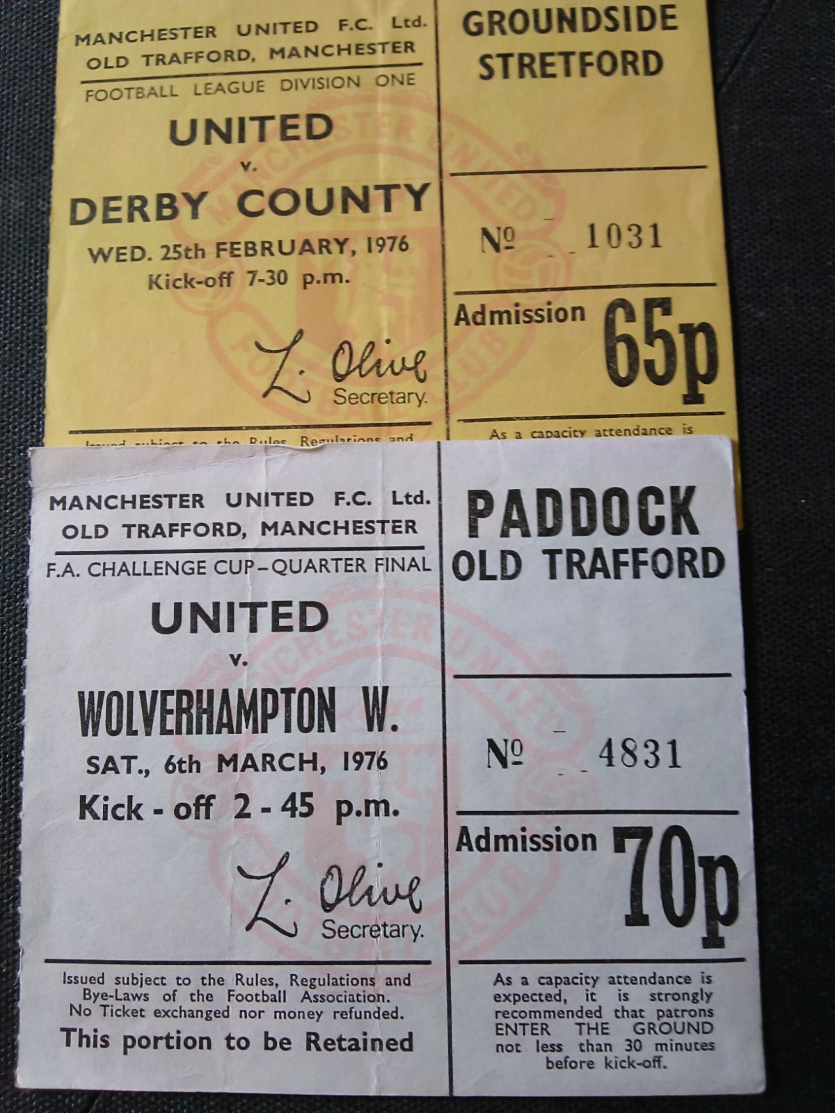 Manchester United tickets 1975/76 v Derby League and Wolves FA cup for sale on Ebay