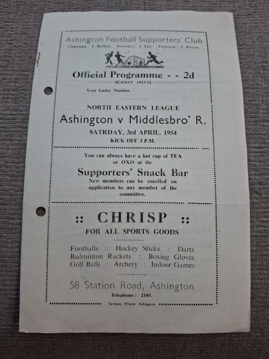 Ashington v Middlesbrough Reserves programme.  3/4/1954 for sale on Ebay