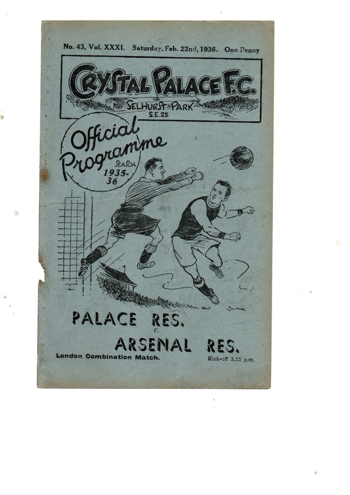 Crystal Palace Res v Arsenal Res 1935 - 1936 for sale on Ebay