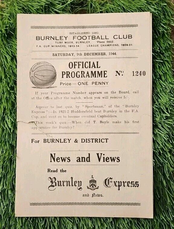Burnley V Blackpool 1944 Programme for sale on Ebay