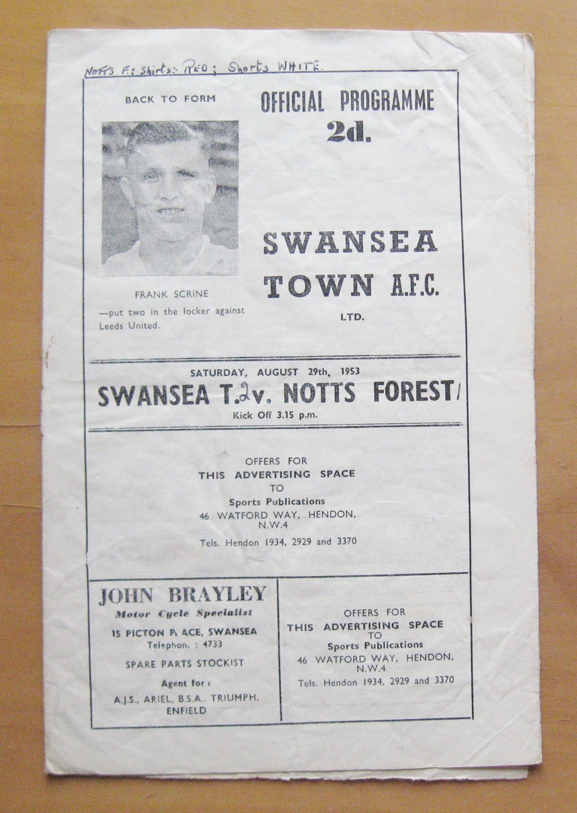 SWANSEA TOWN v NOTTINGHAM FOREST 1953/1954 *Fair/Good Cond Football Programme* for sale on Ebay