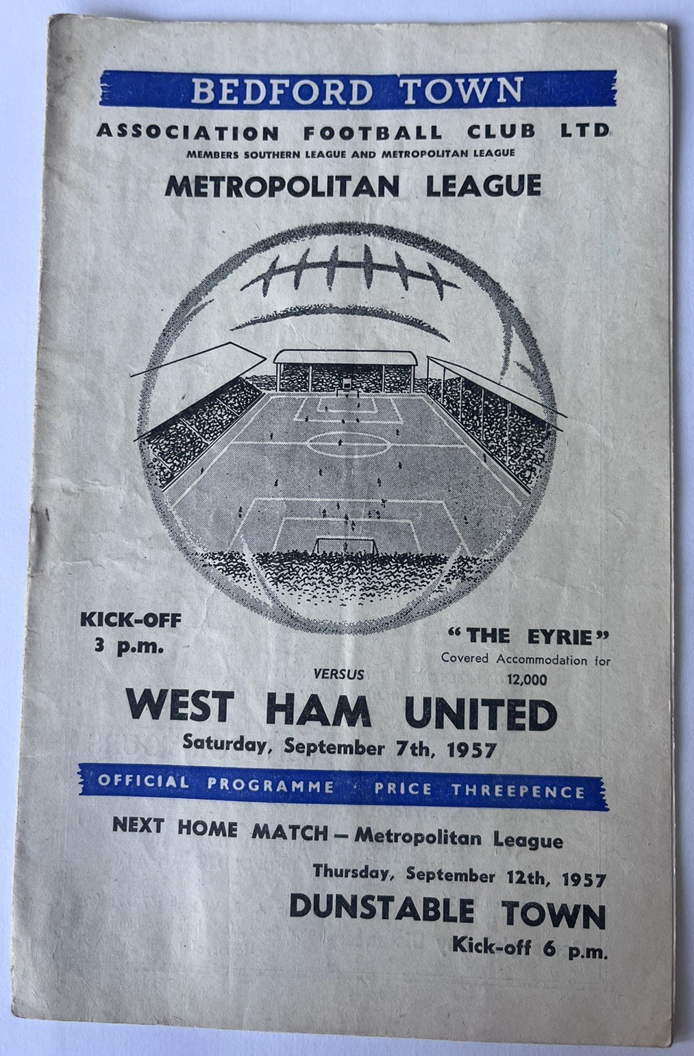Bedford Town v West Ham United Metropolitan League 7th September 1957 for sale on Ebay