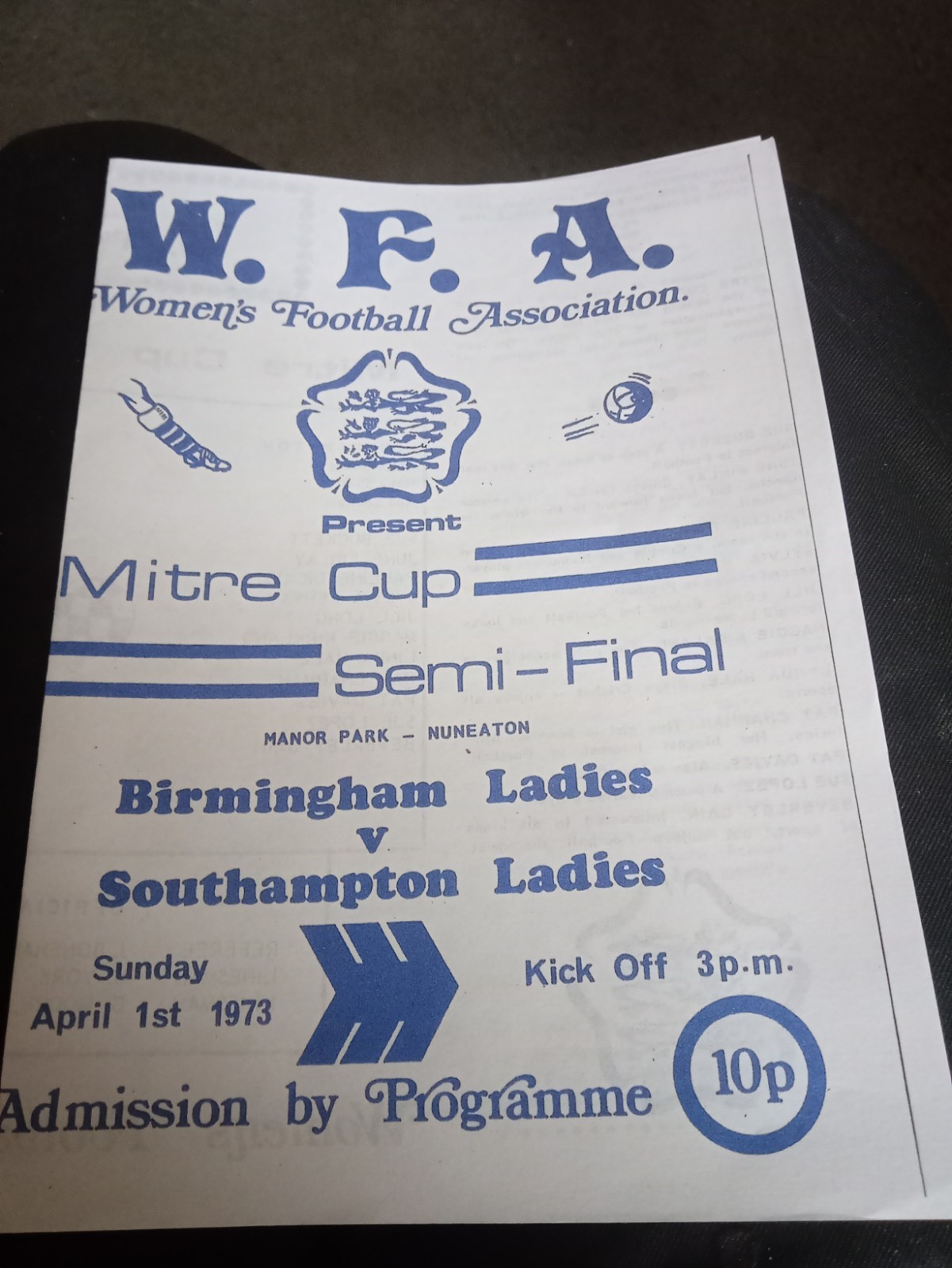 1973  W.F.A.Mitre Cup S/F @ Nuneaton   Birmingham Ladies v Southampton Ladies for sale on Ebay