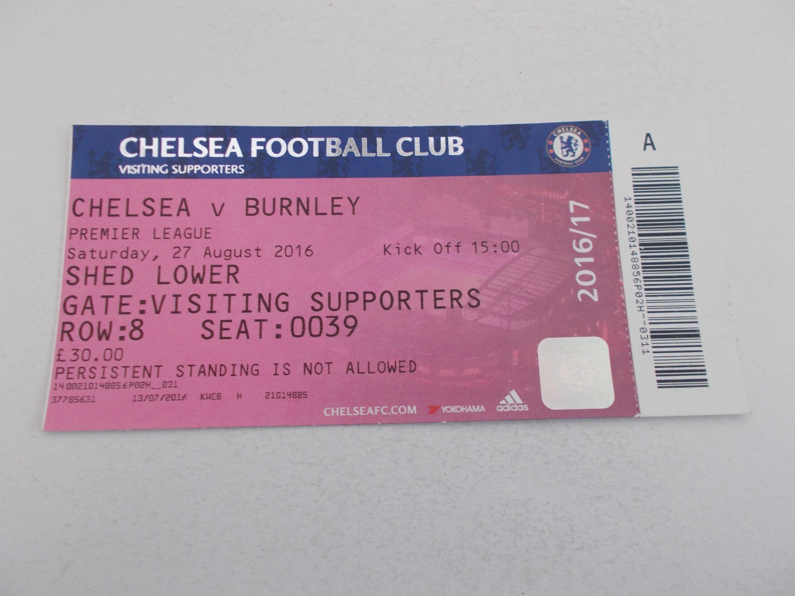 TICKET  Chelsea  v  Burnley  16/17  Premier League for sale on Ebay