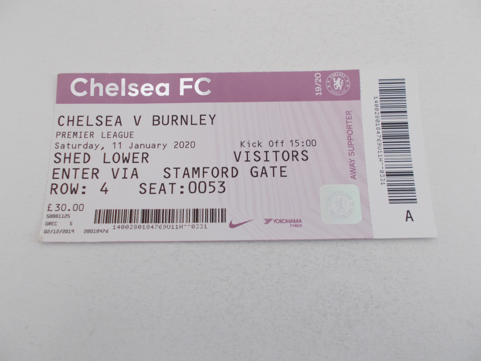 TICKET  Chelsea  v  Burnley  19/20  Premier League for sale on Ebay
