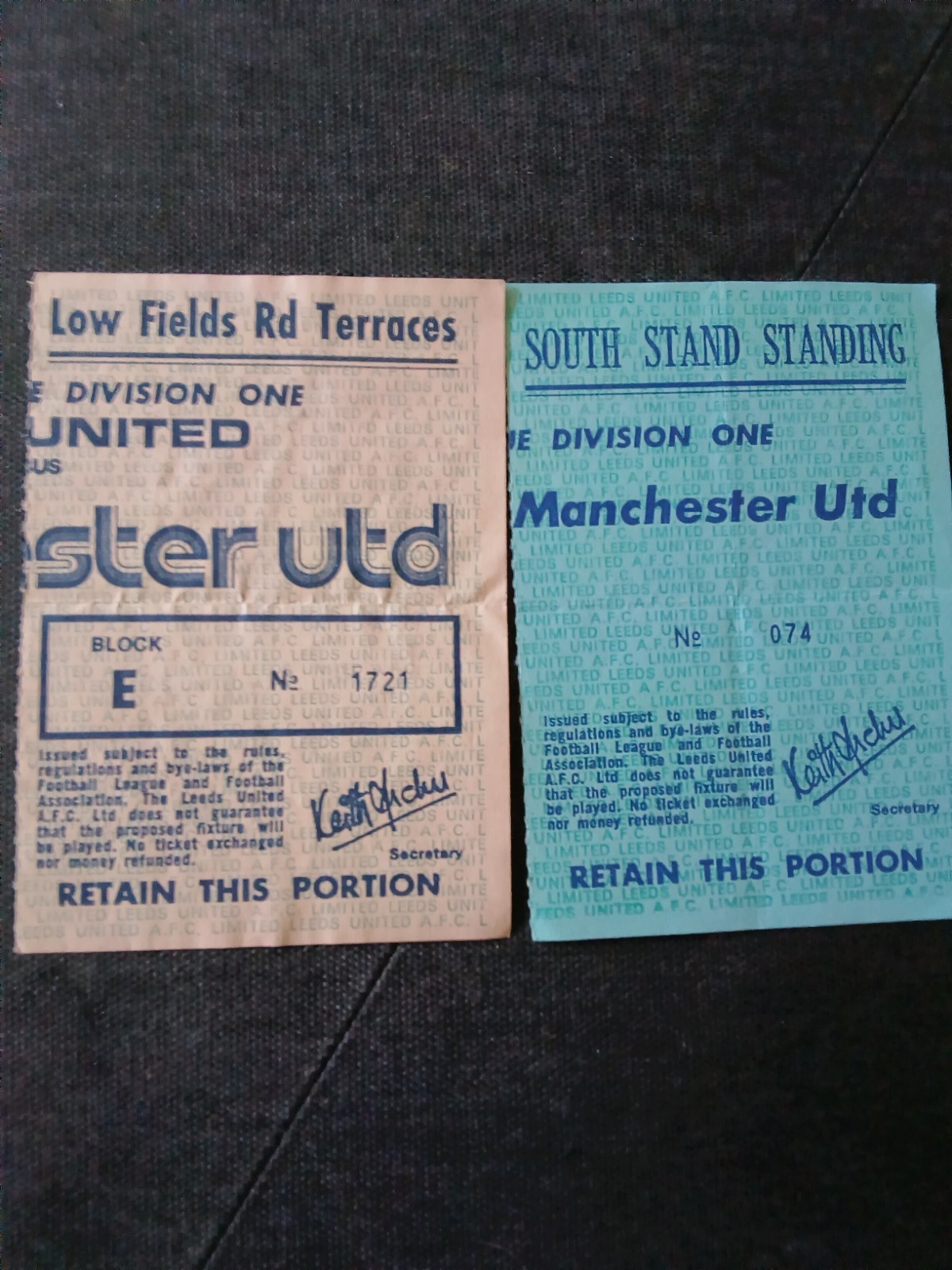 Leeds United v Manchester United two 70's undated tickets for sale on Ebay