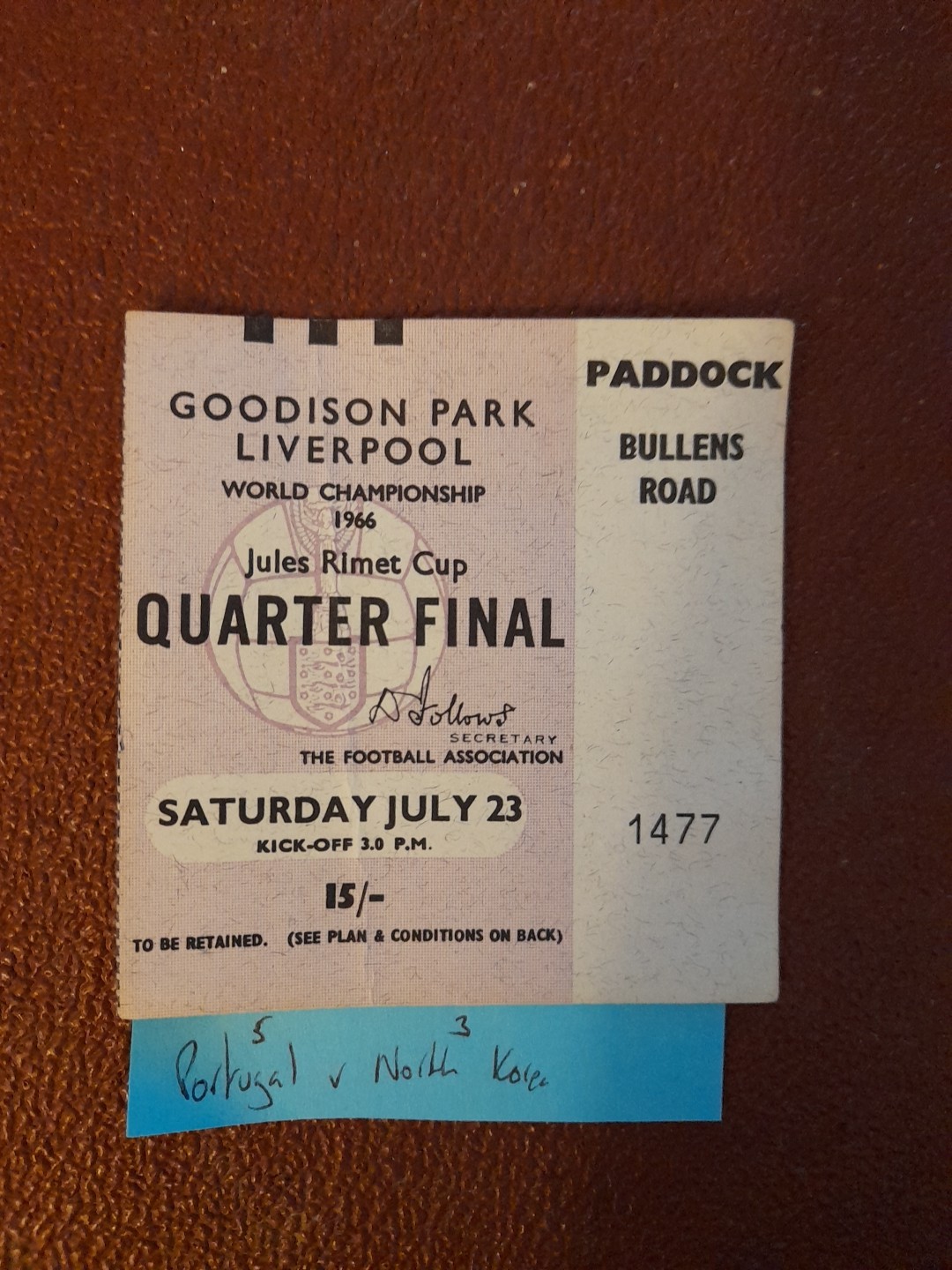Portugal v North Korea, 1966 World Cup Ticket. Goodison Pk, Excellent Condition. for sale on Ebay