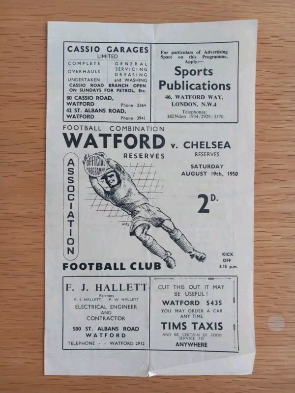 WATFORD v CHELSEA 1950-51 RESERVES PROGRAMME  for sale on Ebay