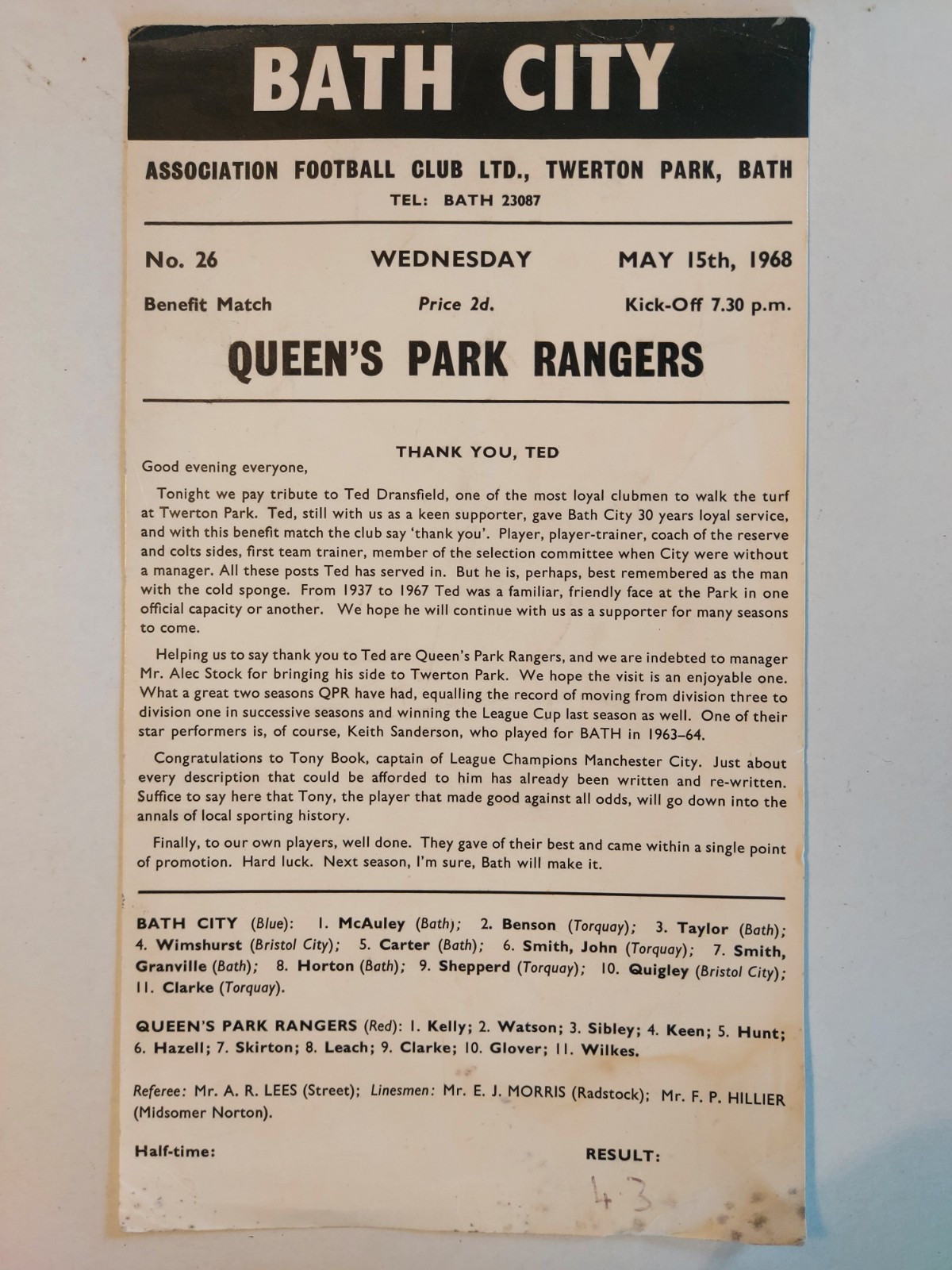 Bath City v Queens Park Rangers Benefit Match Football Programme 15/05/1968 for sale on Ebay