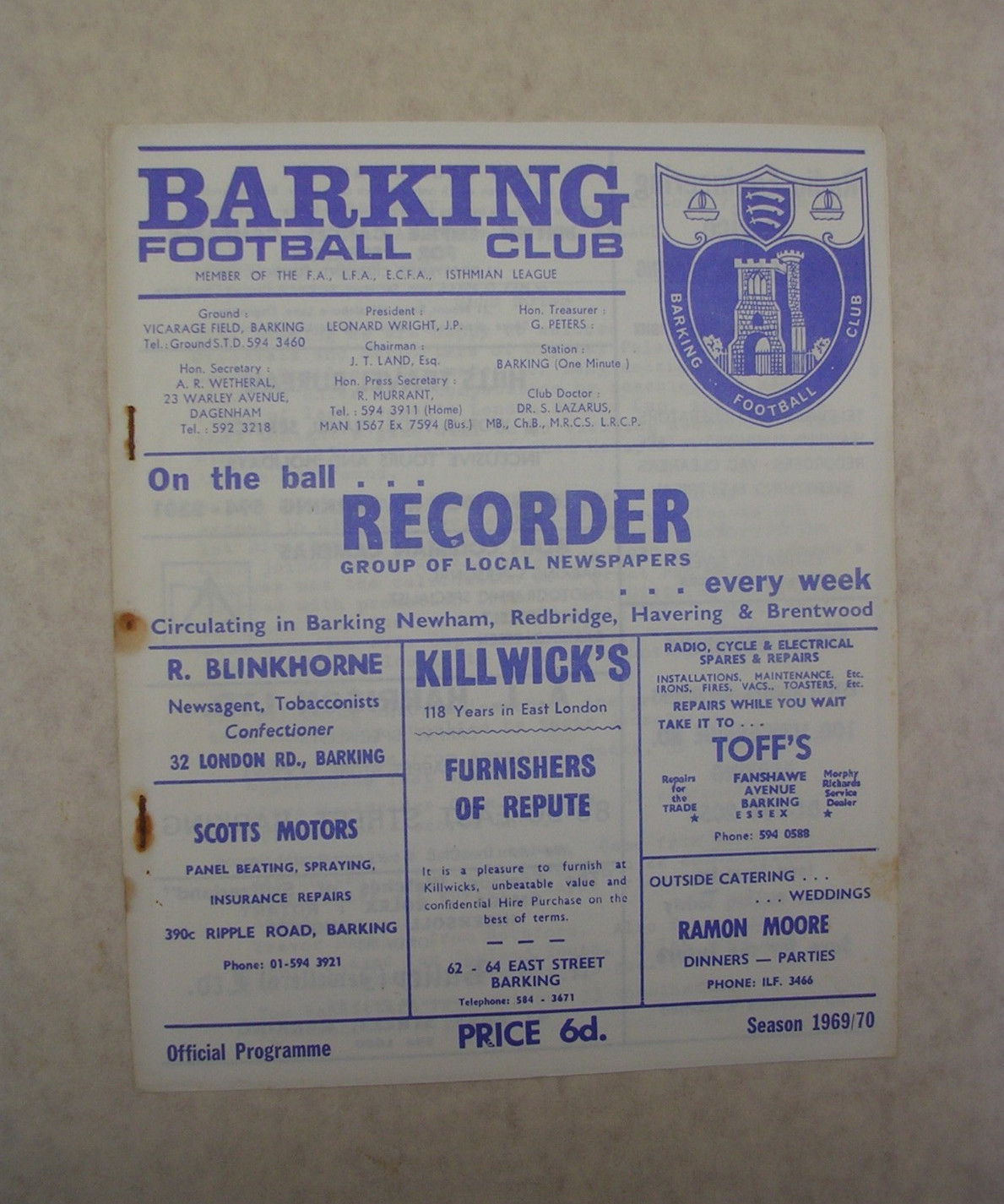 BARKING V CRYSTAL PALACE LONDON CHALLENGE CUP 1st ROUND 1969/70 for sale on Ebay