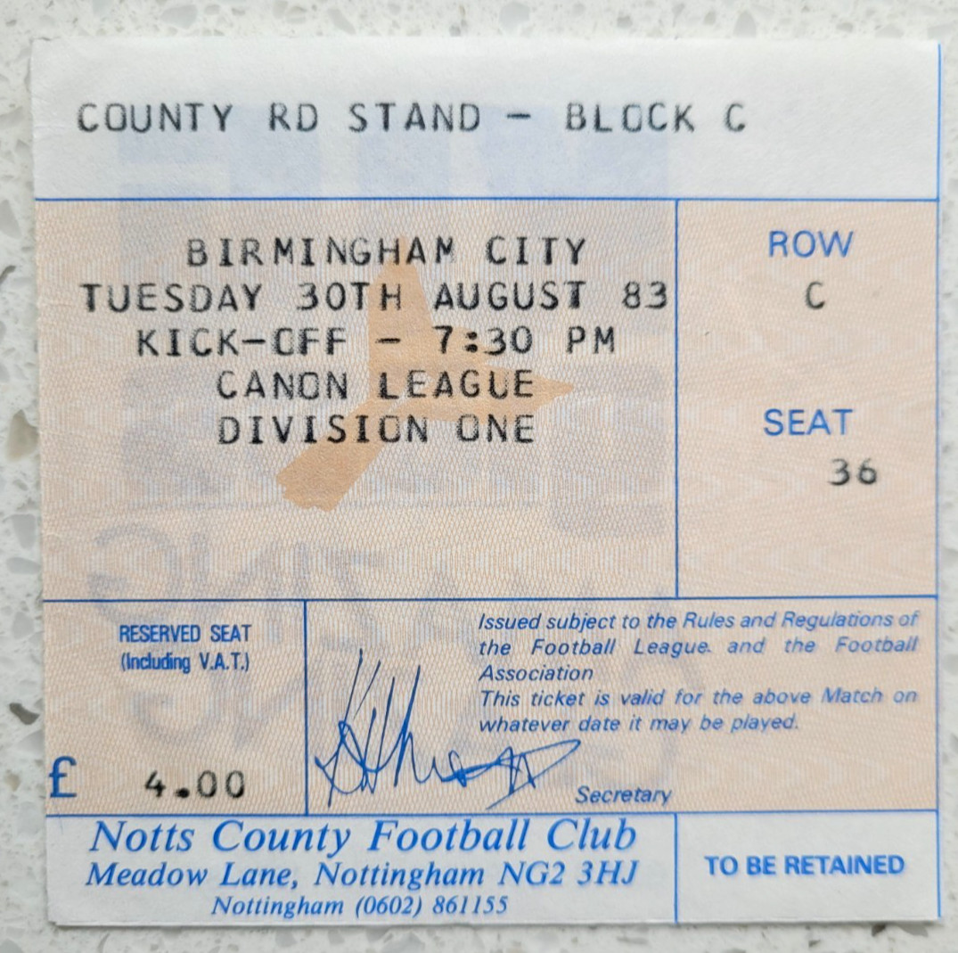 30 August 1983 NOTTS COUNTY  v BIRMINGHAM CITY,  Division One Match TICKET! for sale on Ebay