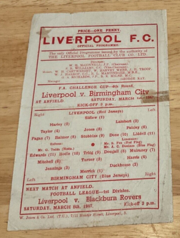 Liverpool v Birmingham City FACup 4th Round single sheet March 1st 1947 for sale on Ebay