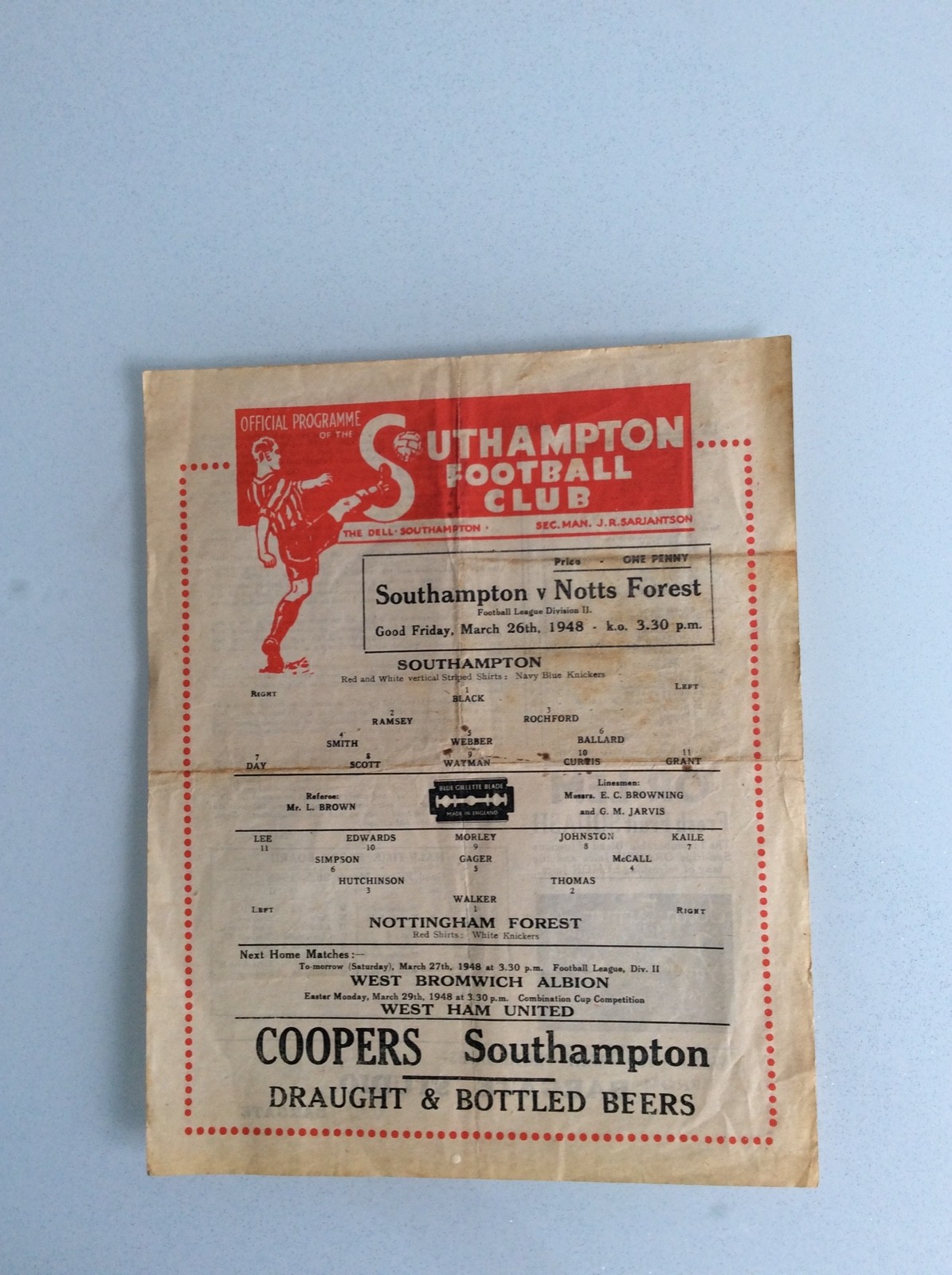 SOUTHAMPTON V NOTTINGHAM FOREST 26.03.1948 LEAGUE GAME for sale on Ebay