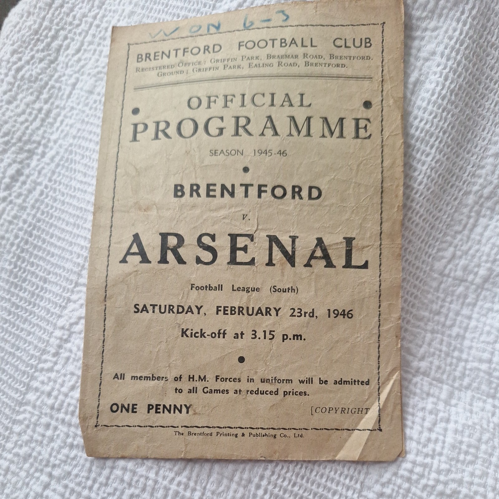 1946 Brentford v Arsenal War League South match programme for sale on Ebay