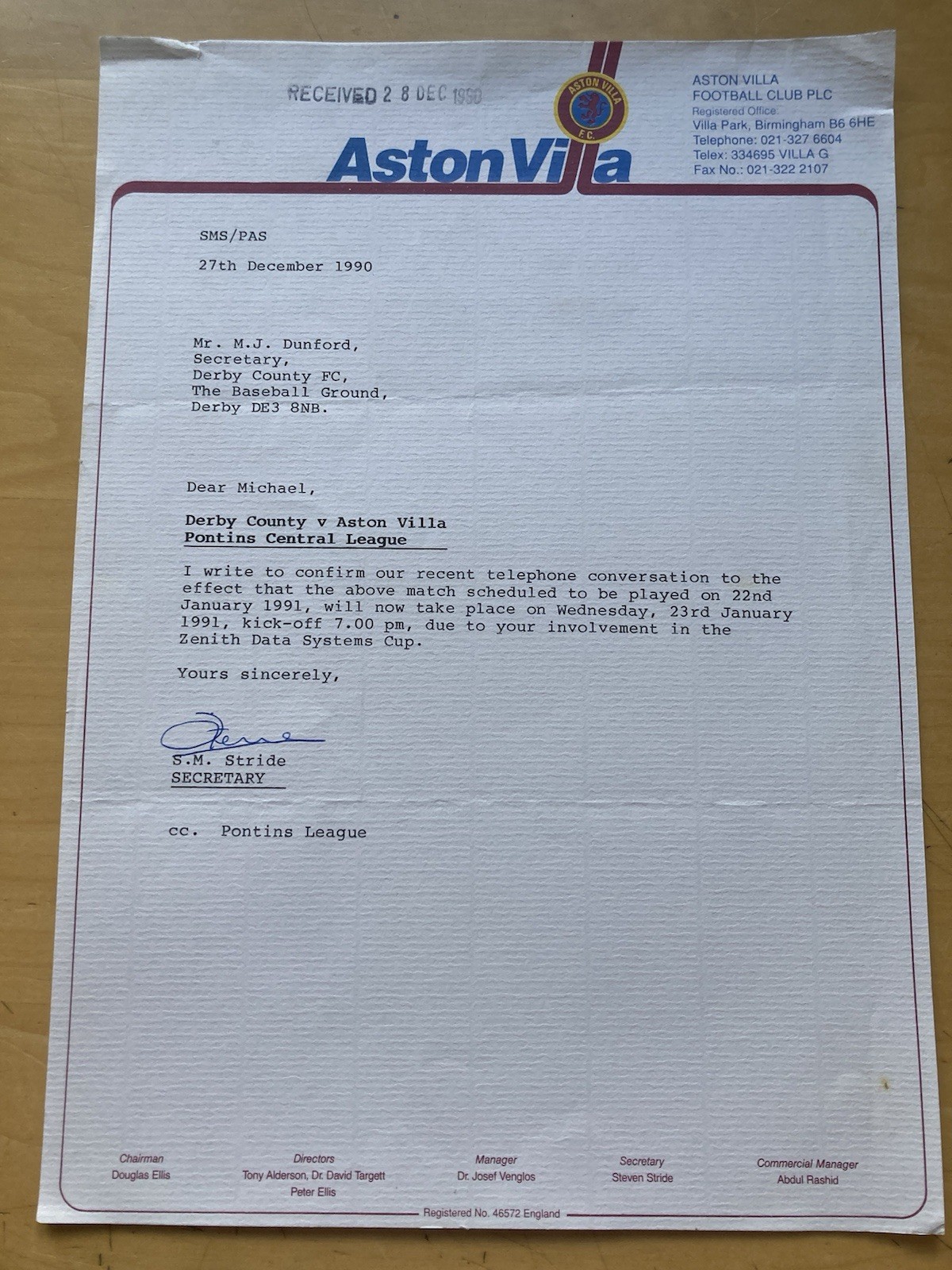 1990 Aston Villa   Derby County Letter re Fixture Change Due To Zenith Data Game for sale on Ebay