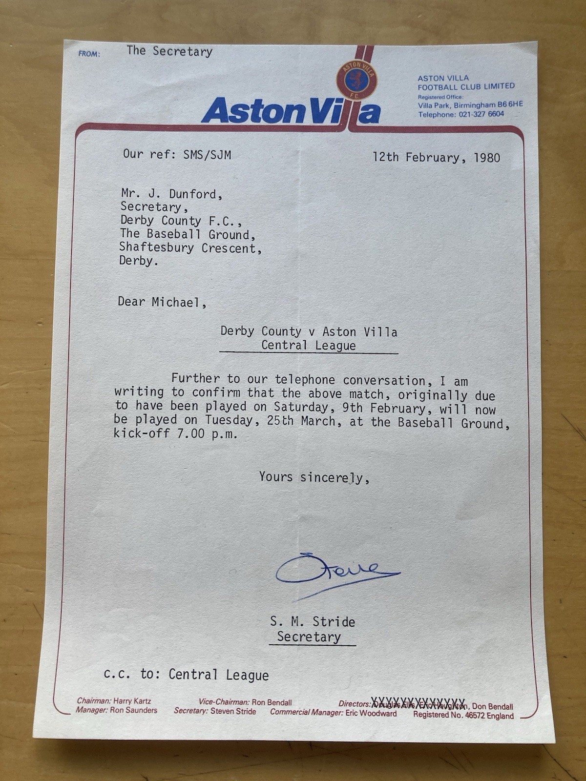 1980 Aston Villa Letter to Derby County re Central League Baseball Ground Match. for sale on Ebay