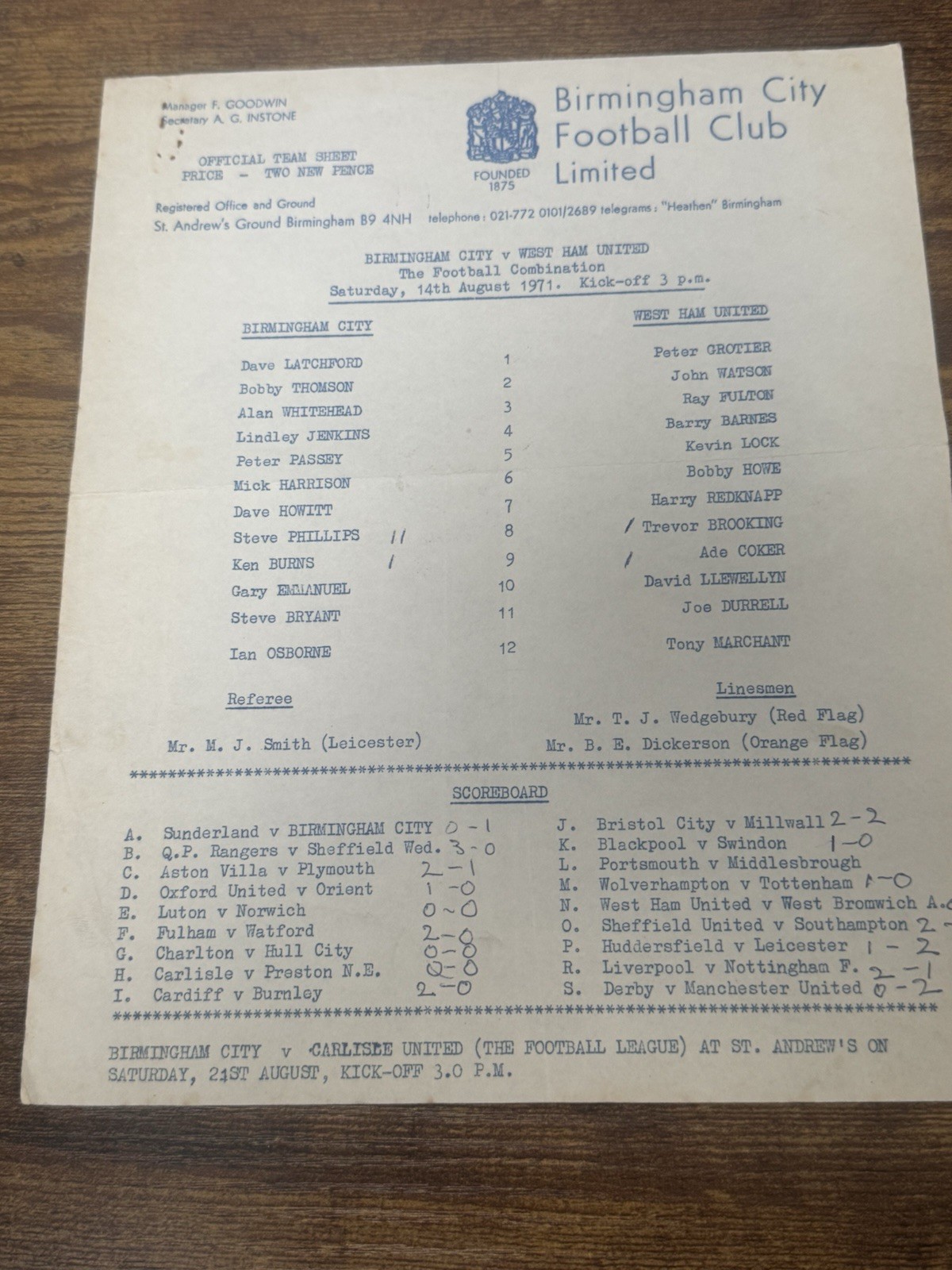 71/72 Birmingham City  RESERVES V WEST HAM UNITED     Football Programme for sale on Ebay