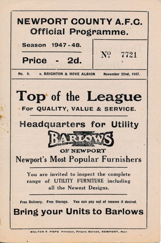 NEWPORT COUNTY v Brighton 1947/1948 - Football Programme for sale on Ebay
