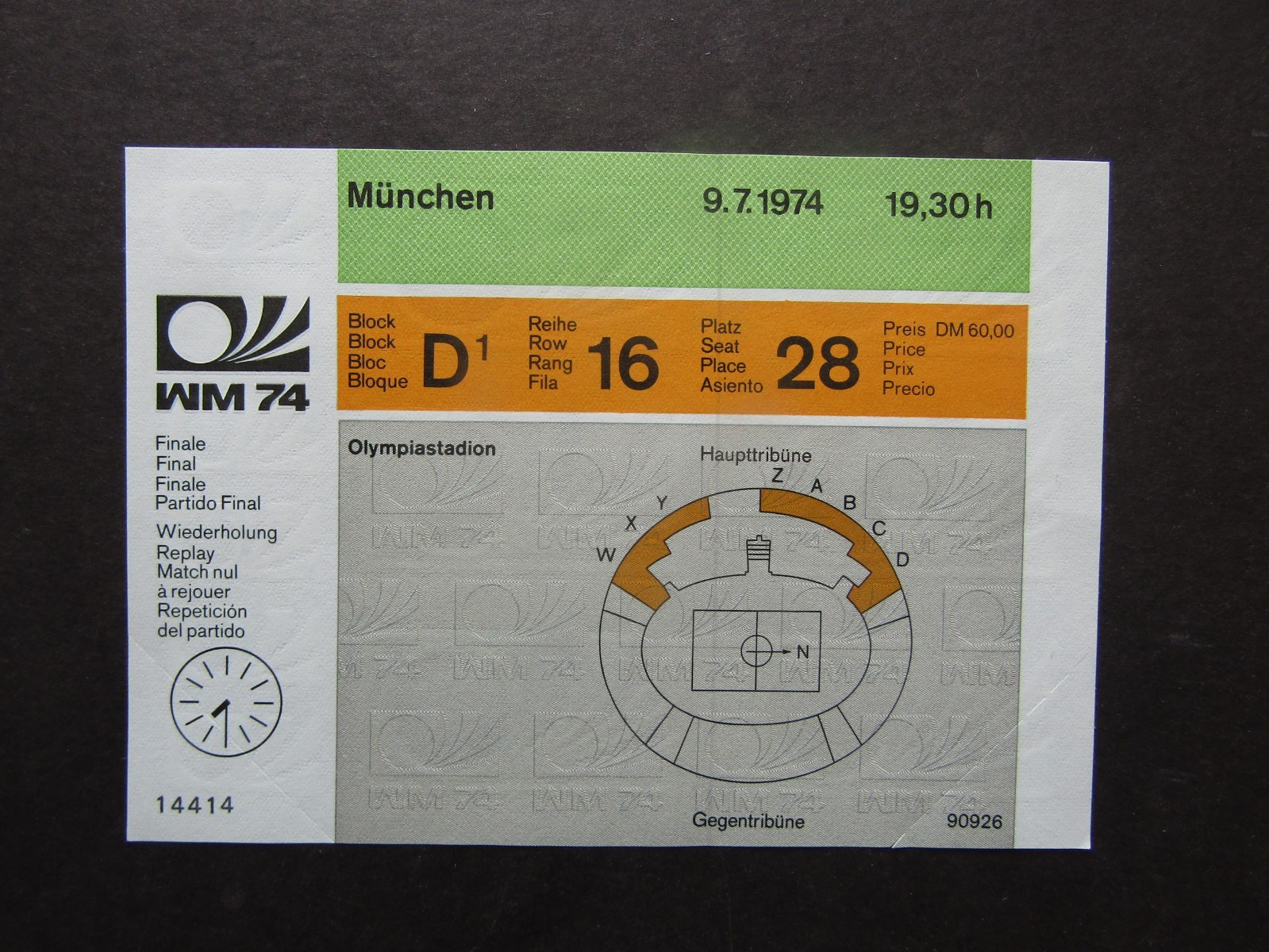 1974 WORLD CUP FINAL TICKET  - GERMANY v HOLLAND - D BLOCK - ROW 16 - SEAT 28 for sale on Ebay