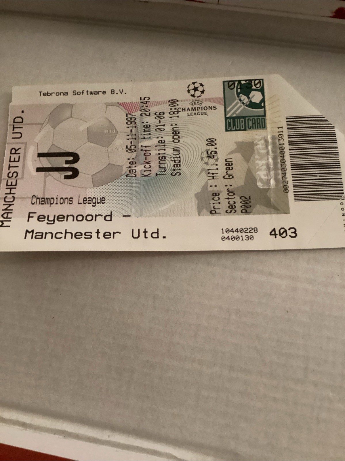 Feyenoord v Manchester United 1997/98 Champions League Ticket for sale on Ebay