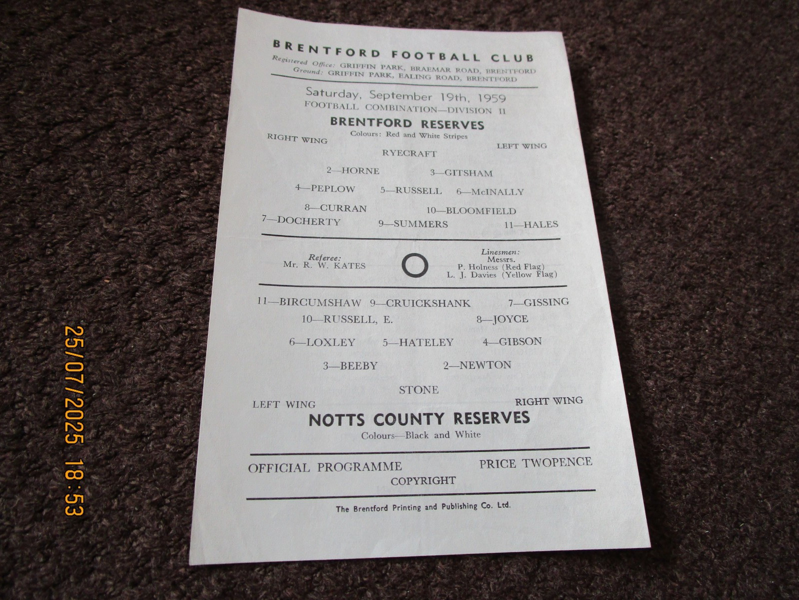 BRENTFORD   reserves  v  NOTTS COUNTY   reserves   1959/60   SEPTEMBER 19th  s/s for sale on Ebay