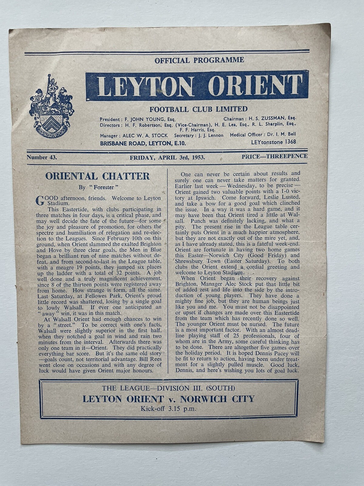 Leyton Orient v Norwich City League 3 April 3rd 1953 Programme  for sale on Ebay