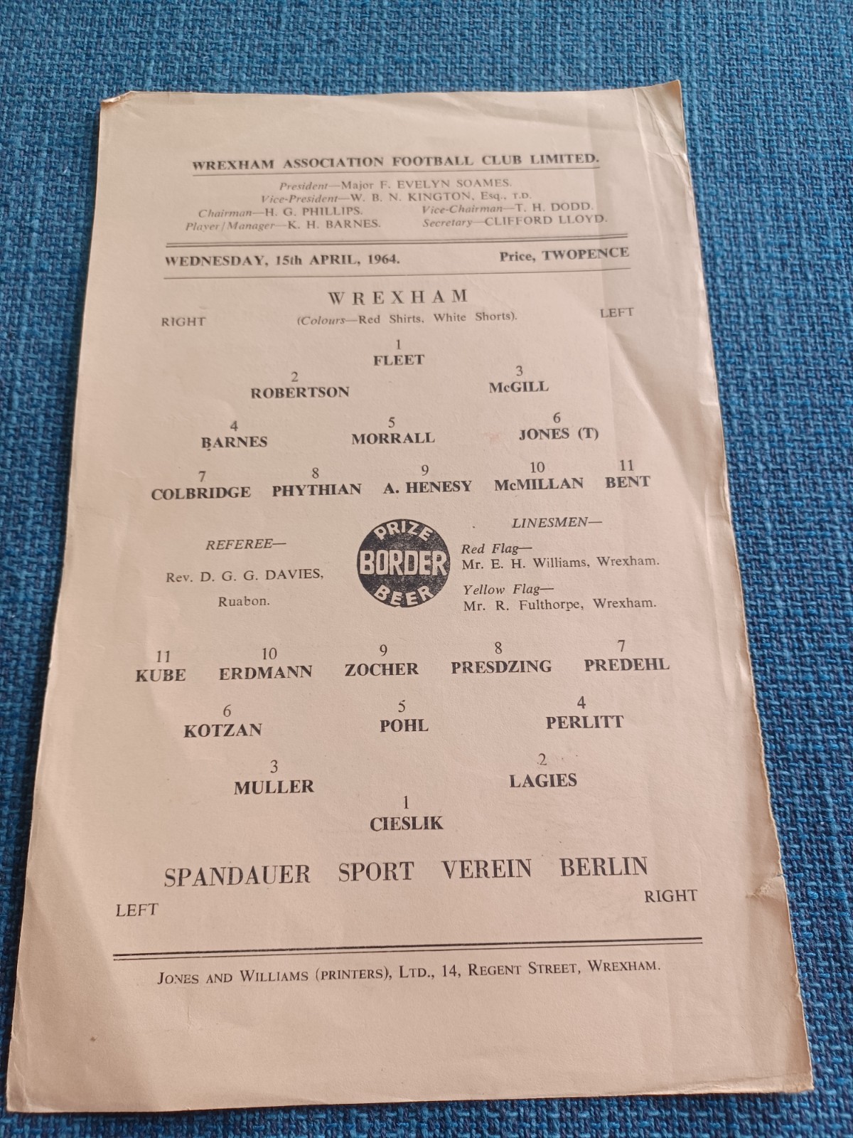 Wrexham V Spandauer Sport Verein Berlin 15/4/1964 for sale on Ebay