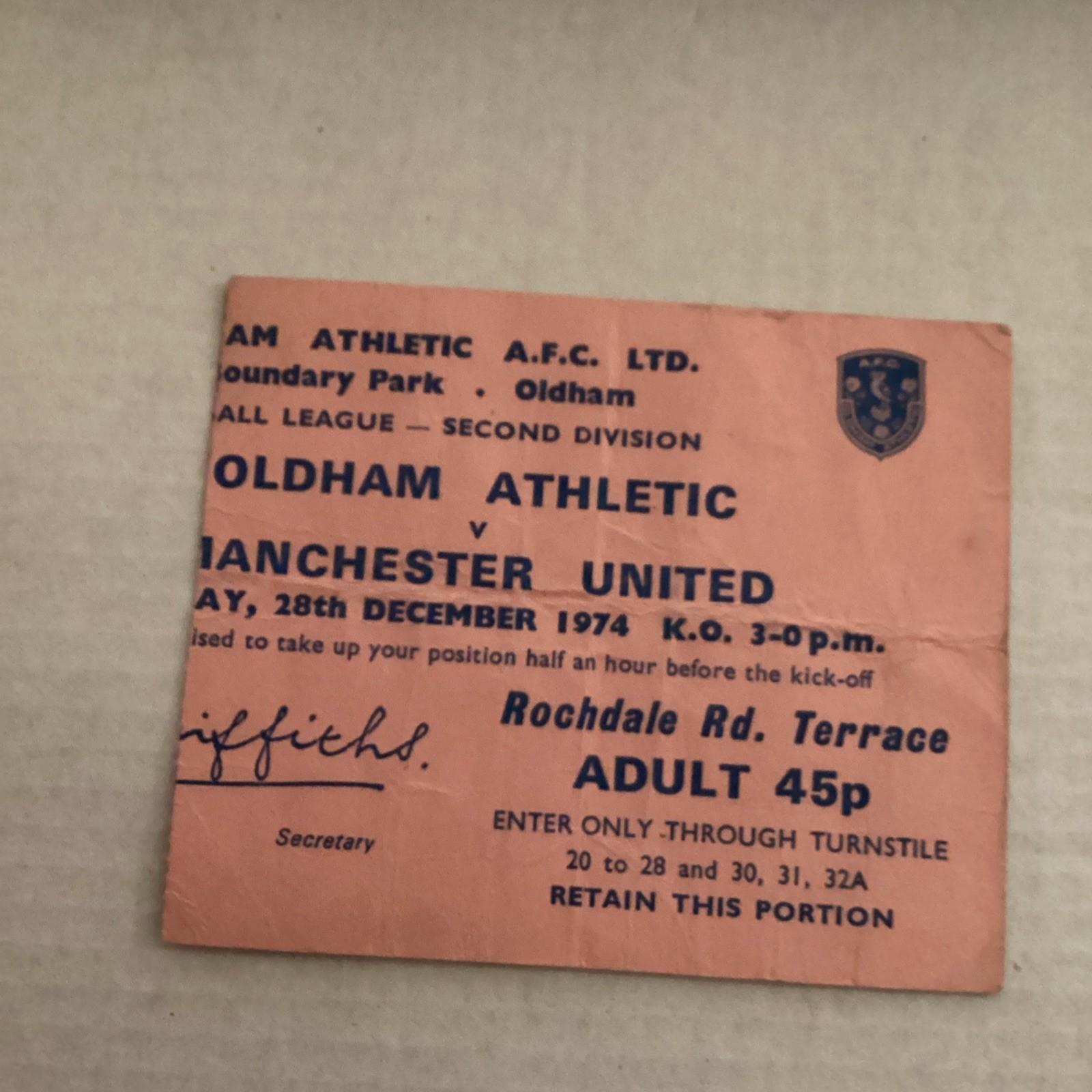 Oldham v Manchester United 1974/75 Match Ticket for sale on Ebay
