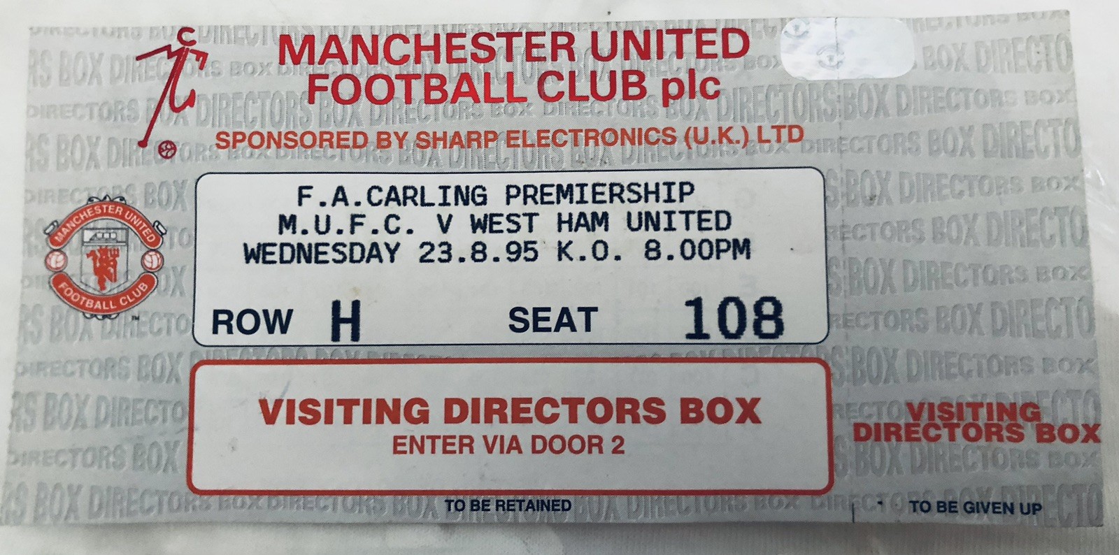 Manchester United Visiting Directors Box Ticket V West Ham United 1995/96 for sale on Ebay