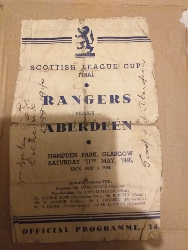 scottish league cup final May  1946 rangers v aberdeen programme for sale on Ebay