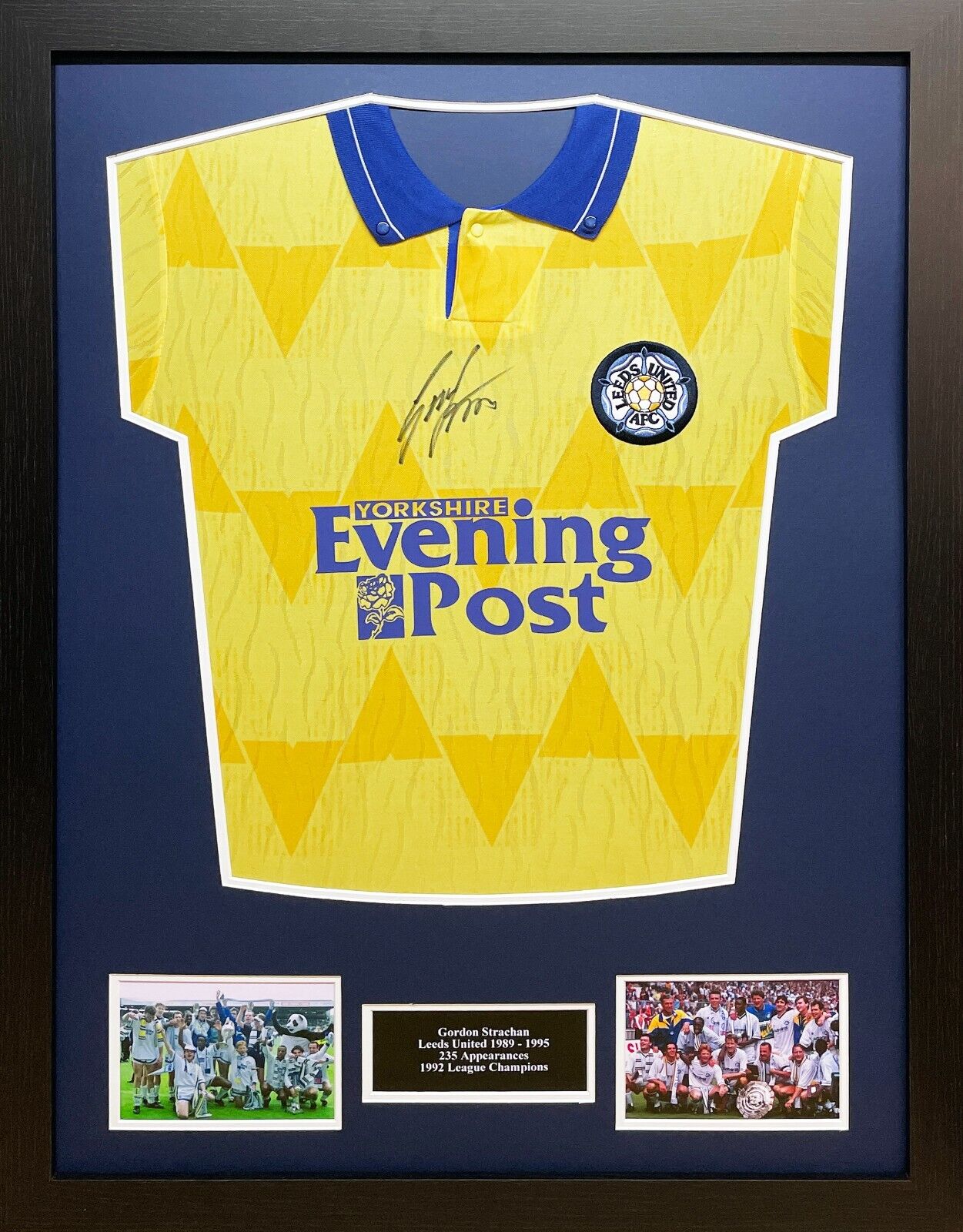 FRAMED GORDON STRACHAN SIGNED LEEDS UNITED 1992 AWAY FOOTBALL SHIRT & PROOF COA for sale on Ebay