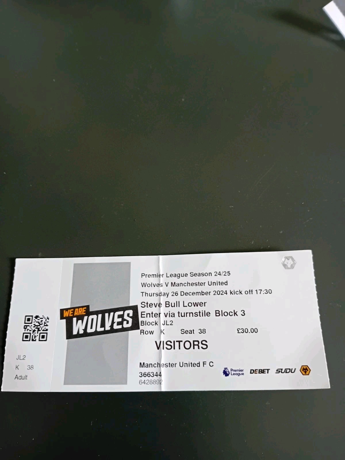 Wolves v Manchester United Match Ticket 24/25 for sale on Ebay