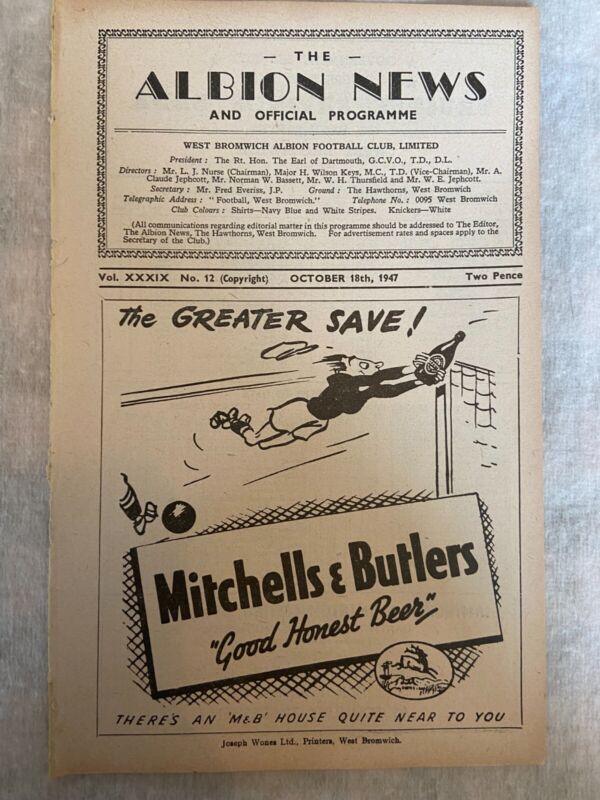 West Bromwich Albion reserves v Manchester City reserves 1947/48 for sale on Ebay