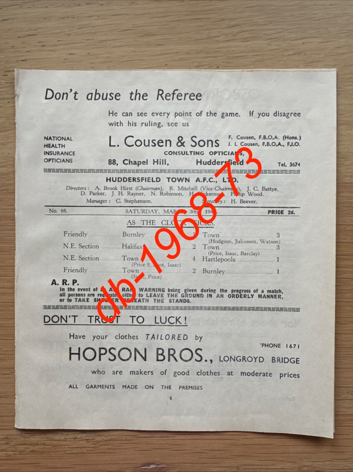 1939/40 - Huddersfield Town v Leeds United - War League North East - 30 Mar 1940 for sale on Ebay