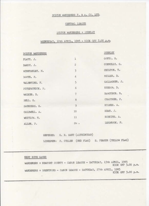 Bolton Wanderers Reserves v Burnley Reserves 1984/85 for sale on Ebay