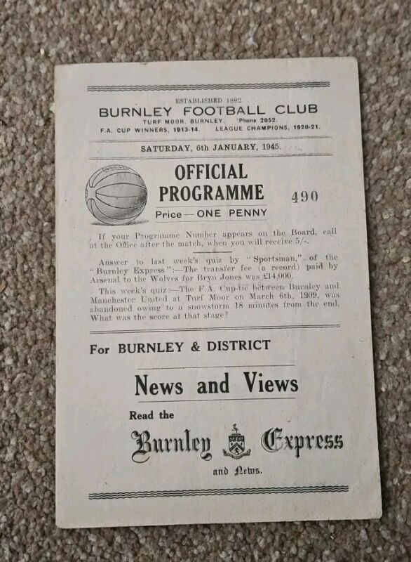 Blackpool V Burnley 1945 Programme for sale on Ebay